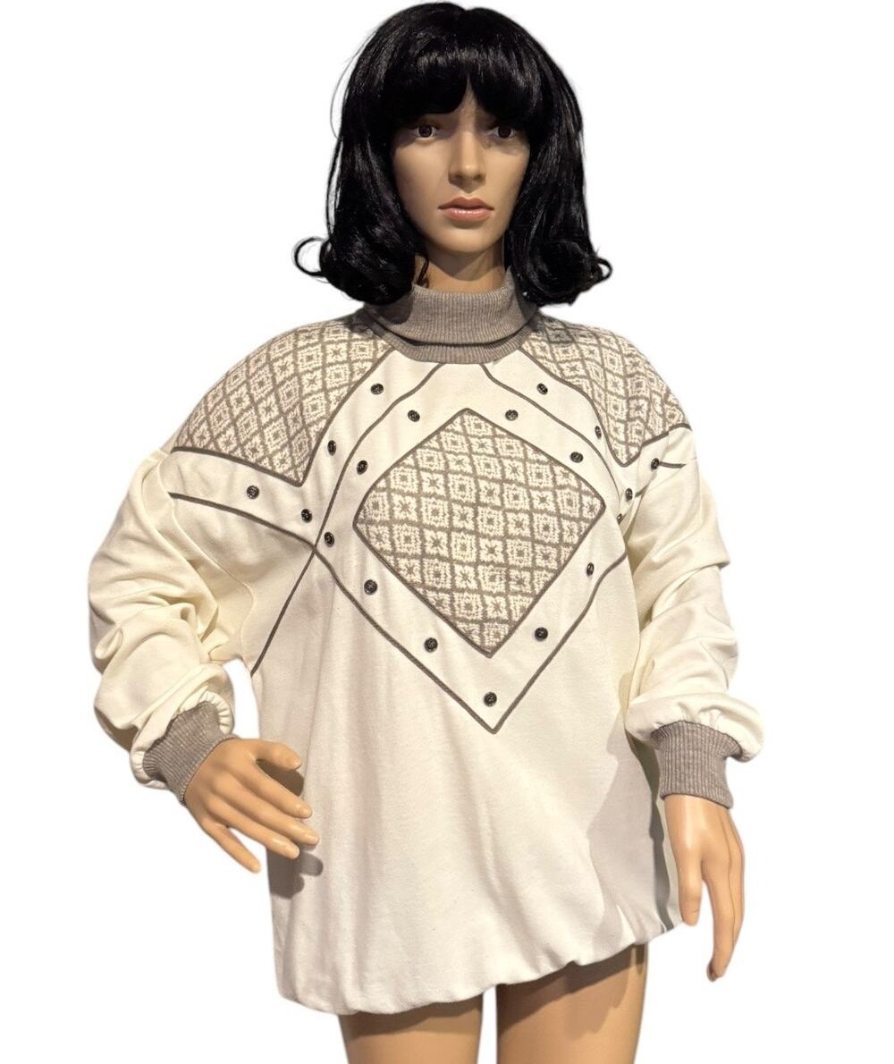 Vintage 80's Jo Hardin turtleneck sweater cream patch button accents size medium